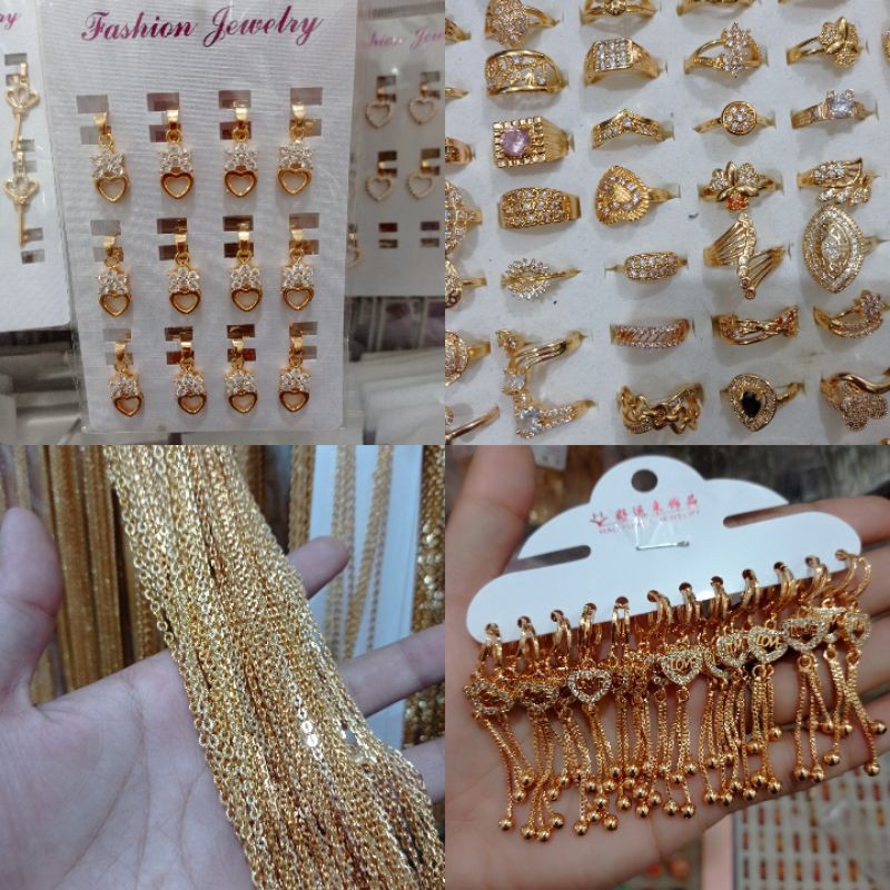 paket usaha perhiasan xuping lapis emas, kalung 12pcs, liontin, anting dan cincin