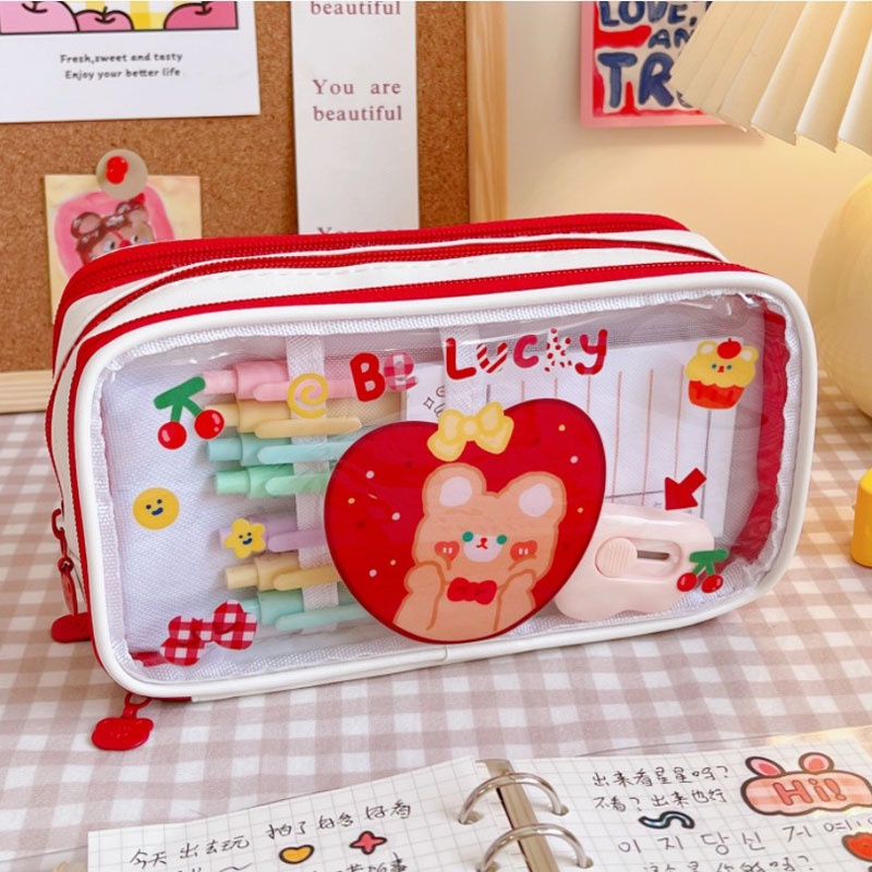 

AGOEE-Bear Pencil Case Transparent Multi-Layer Zipper Stationery Box Junior High School Student Large Ca00