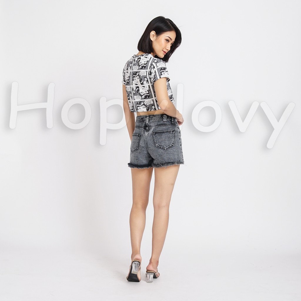 HOPYLOVY Rawis Sexy Jeans Celana Gemes / Hot Pants Celana Pendek Wanita Highwaist Warna Snow