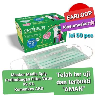 Masker Medis 3ply 50pcs Skrineer Earloop izin Kemenkes