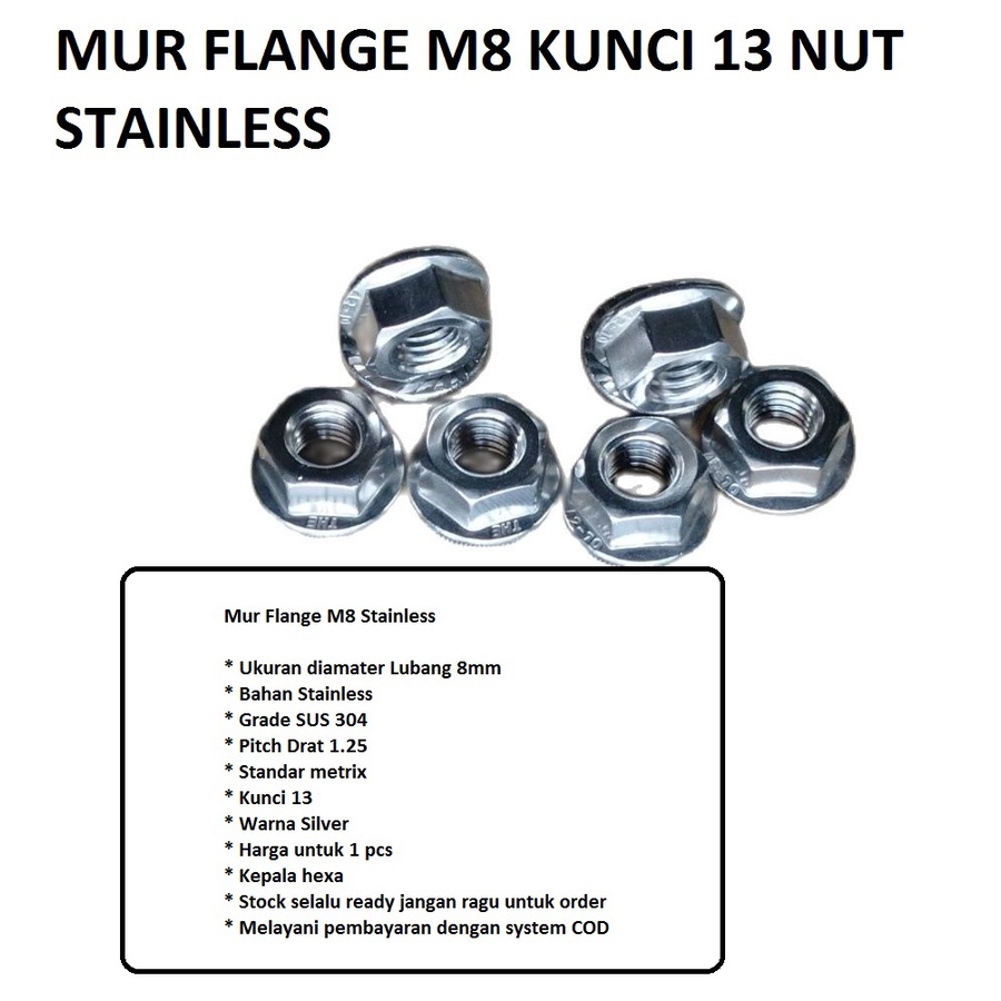 MUR M8 / FLANGE NUT M8 /  MUR FLANGE M8 KUNCI 13 / NUT STAINLESS M8 / MUR TOPI STAINLESS M8 SUS 304 