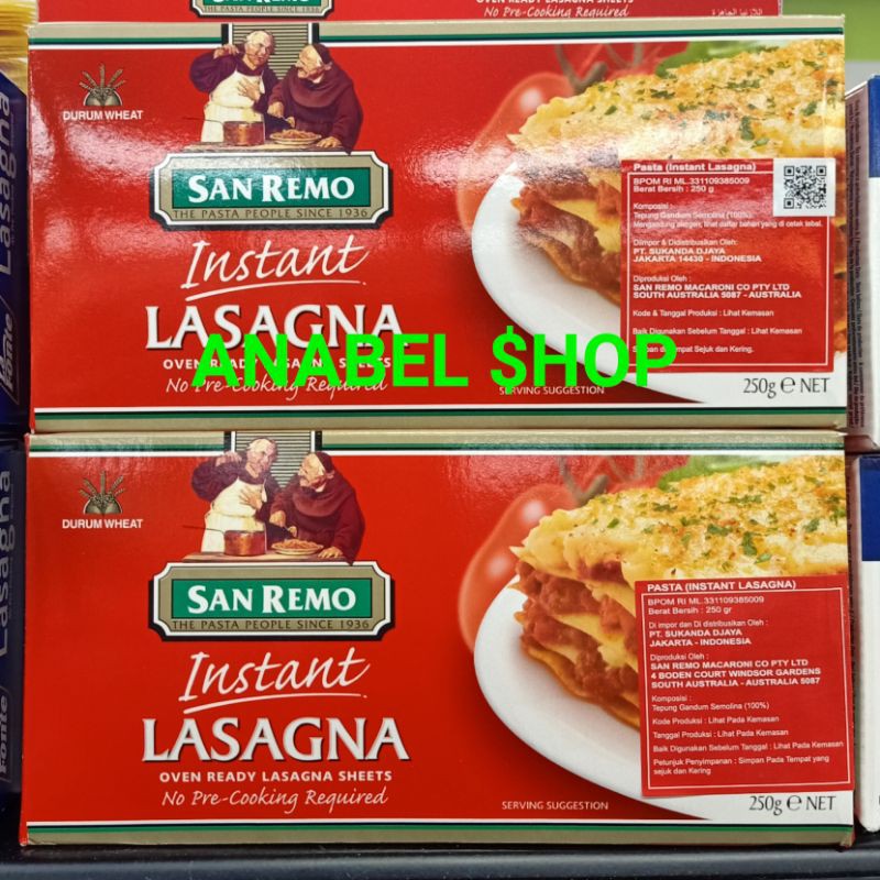 

San Remo Lasagna Instant Pasta Sanremo Kulit Lasagna 250 gram