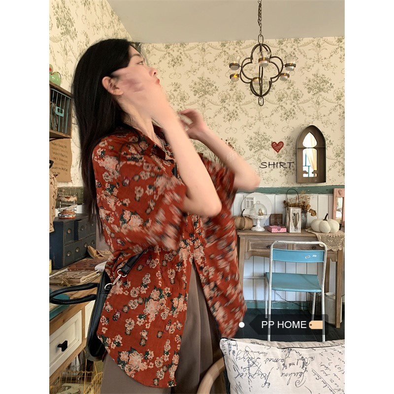 Kemeja Vintage Wanita Bunga Lengan Pendek Kemeja Import Bangkok Wanita