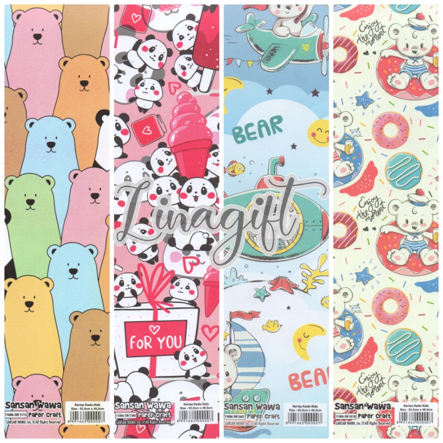 ( 5 Lembar ) BEARS SANWA - KERTAS KADO - GIFT WRAP PAPER SANSAN WAWA CUTE TEDDY BEARS DOLL / BONEKA BERUANG / PANDA BARE