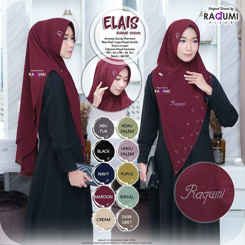 Elais Khimar Susun Berlabel ORI Raqumi Hijab Bahan Ceruty Armany Premium 3 Susun aplikasi Payet Raqu