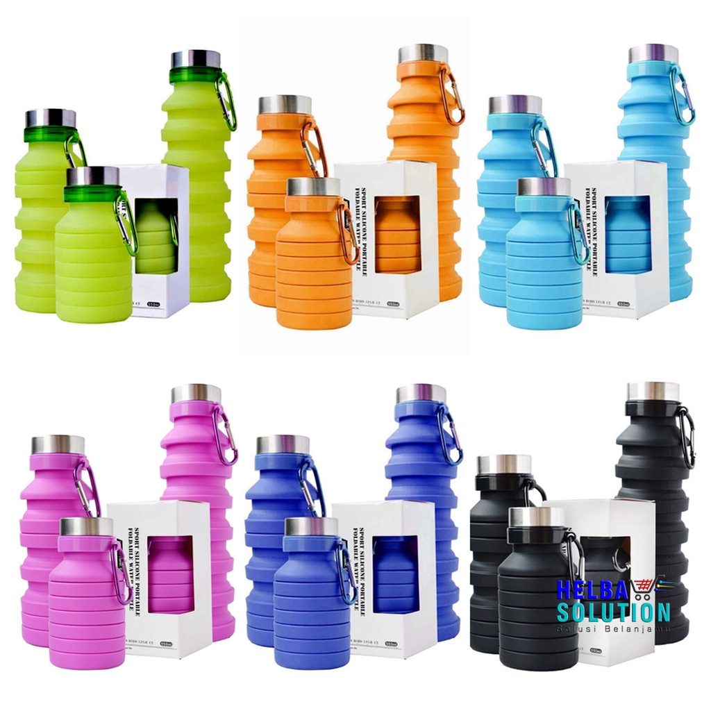 Botol Minum Lipat Spiral 550ml Traveling Sport Sekolah Olahraga Gym Botol Silikon Bisa Dilipat Dan Digantung FOLDABLE Water Bottle Silicone