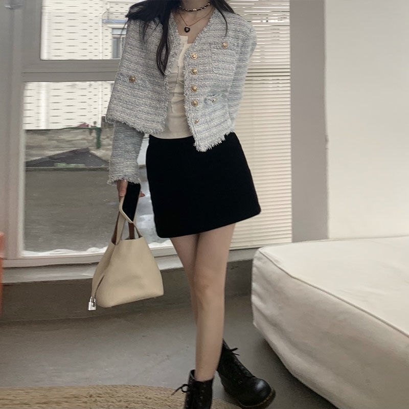 jaket korean style wanita JMSHOP Fair Lady short awal musim gugur top tweed small fragrance coat