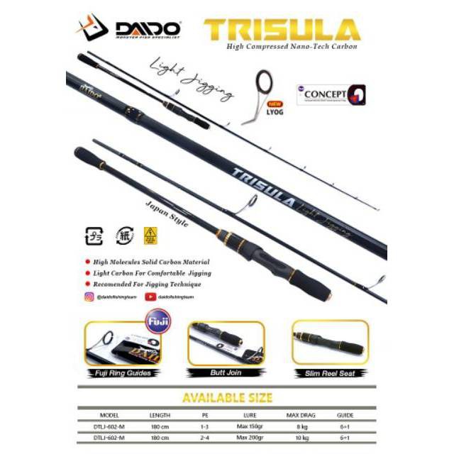 Joran Kuat Daido Trisula Light Jigging PE 1-3 dan Pe 2-4 Solid Carbon Ring Fuji Terbaik