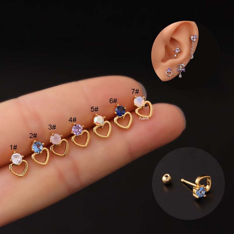 1pc Anting Tindik Tulang Rawan Telinga Bentuk Hati Bahan Stainless Steel 20Gauge Dengan Zircon