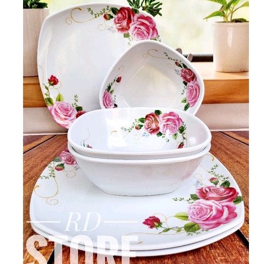 PROMO 4.PCS ISI / 2.PIRING KOTAK SAJI 2.MANGKOK KOTAK / MOTIF ROSE MELAMINE WARE TEBAL DAN KUAT