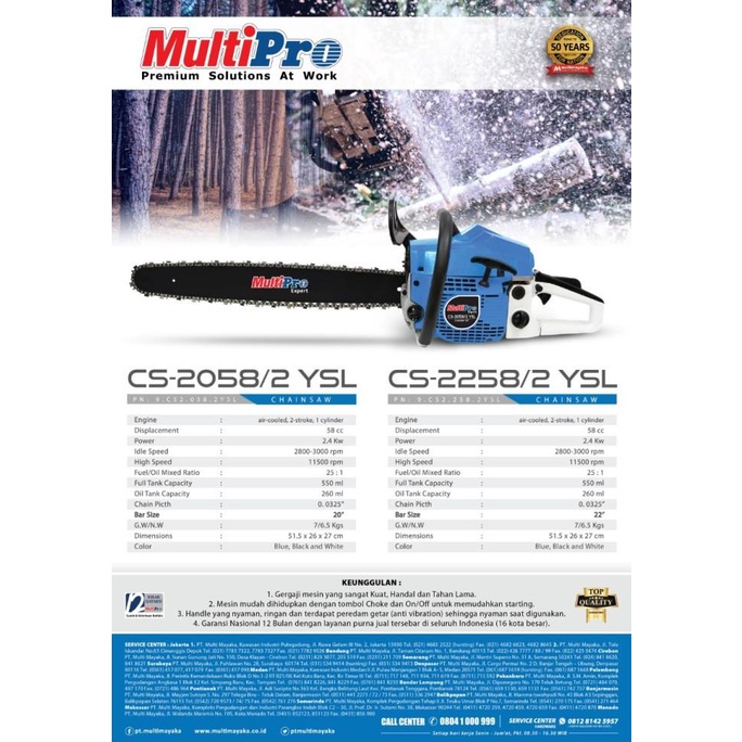 Mesin Gergaji Kayu 22 inch Multipro CS-2258/2 YSL / Chainsaw Chain Saw Multipro 22&quot;