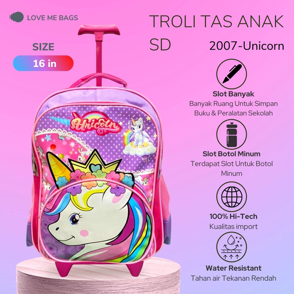 LMB Tas Troli Anak Perempuan Sekolah SD Motif Kuda Pony Unicorn Mahkota Gambar Timbul 6D Import