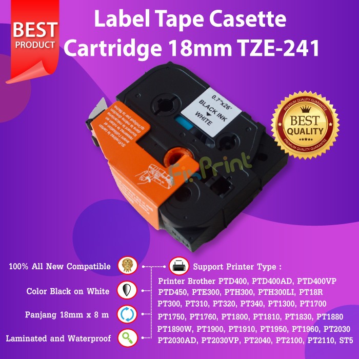 Label Tape TZE-241 18mm Black On White Brother PT-E300VP D450 E550WVP