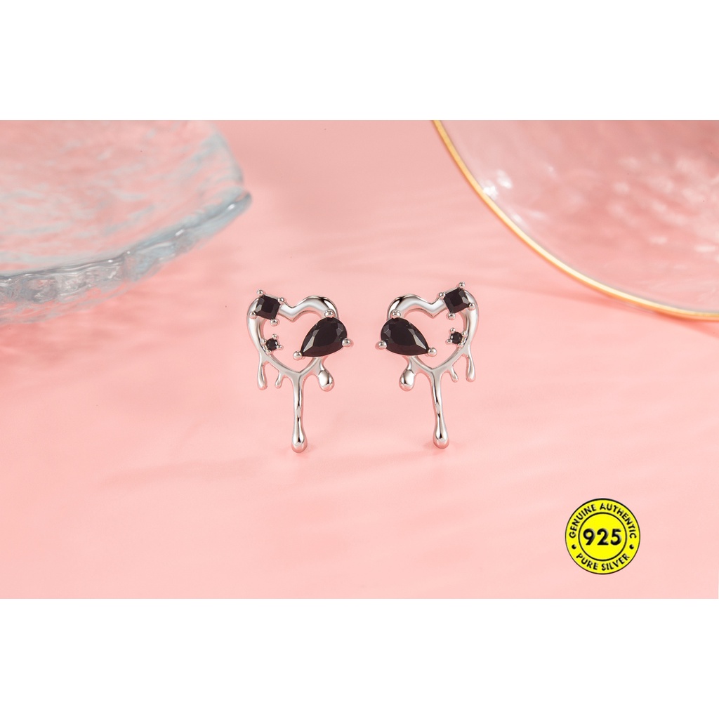 Anting Tusuk Sterling Silver 925 Desain Hati Hias Berlian Hitam Untuk Wanita