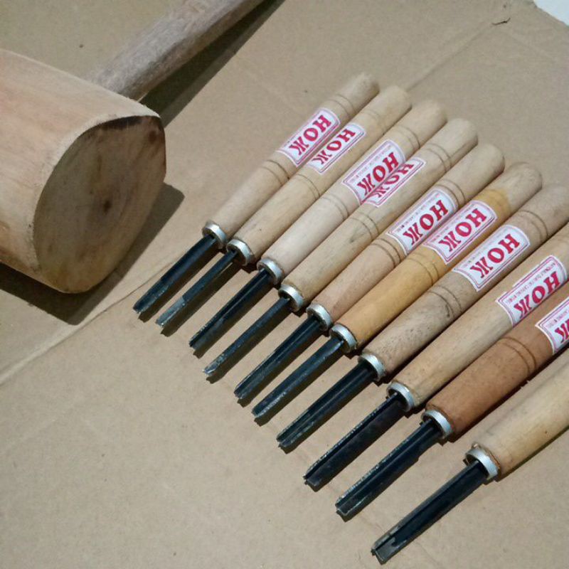 Alat pahat tatah ukir kayu ukir bonsai 1 set kusus coret bentuk V plus palu sudah asah siap pakai
