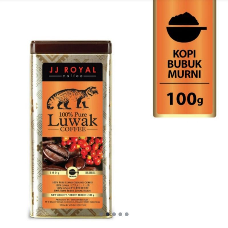 

JJ Royal Coffee 100% Pure Luwak Robusta Coffee Ground Tin 100gr ( kopi biji )