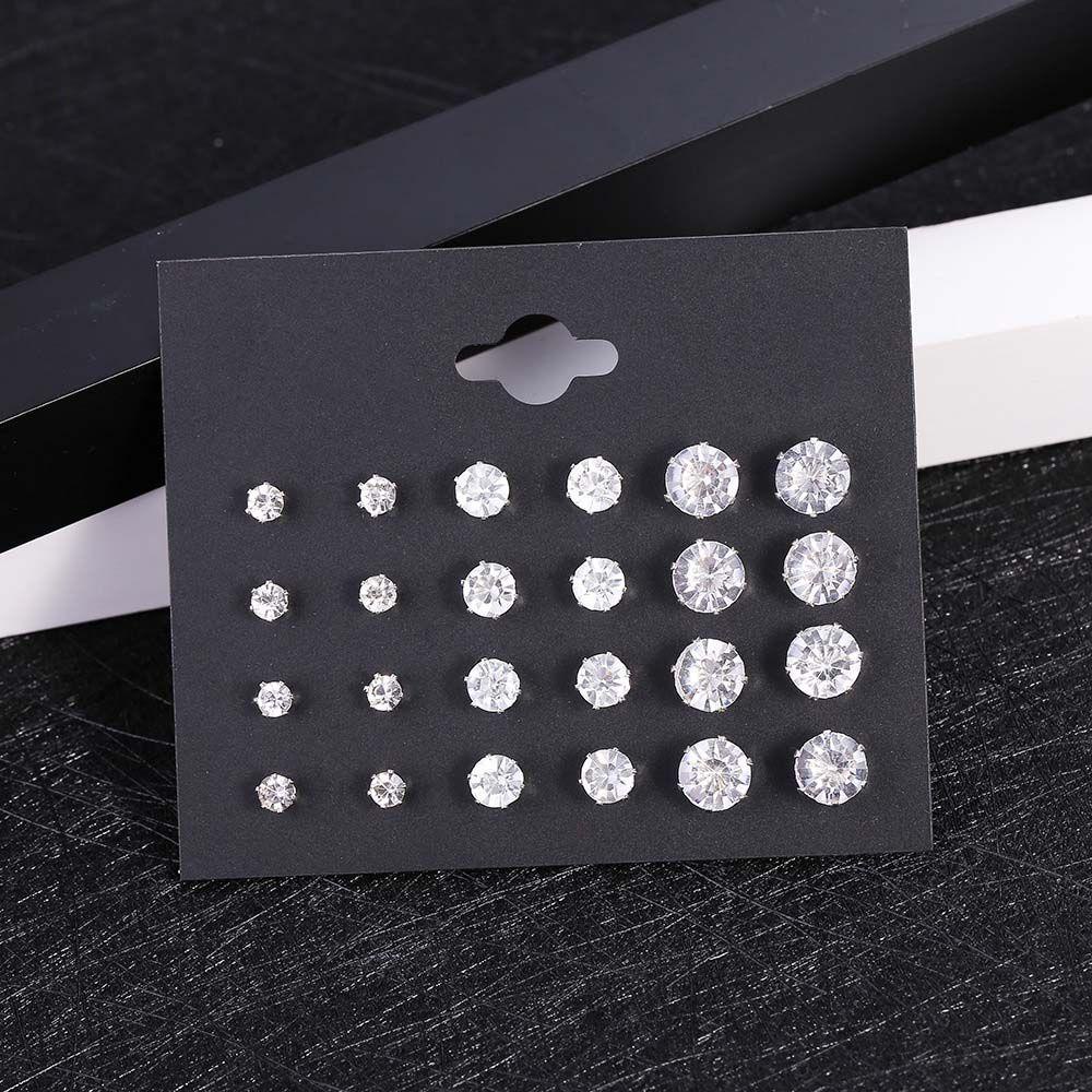 Rebuy Set Anting Mewah Indah Bulat Geometris 12pasang/Set Untuk Wanita Perhiasan Kristal