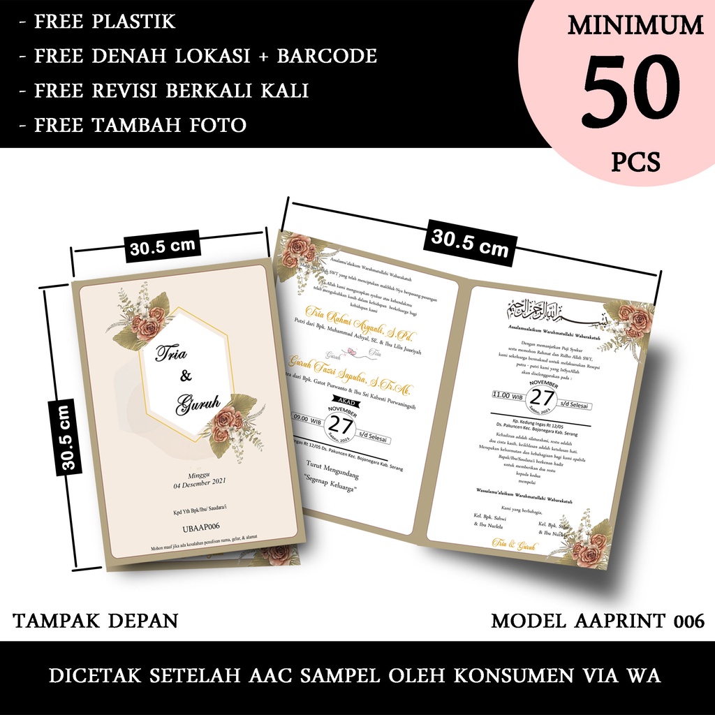 CETAK UNDANGAN  PERNIKAHAN UBAAP006 GLOSSY free plstk+label107+denah lokasi nikah pernikahan wedding