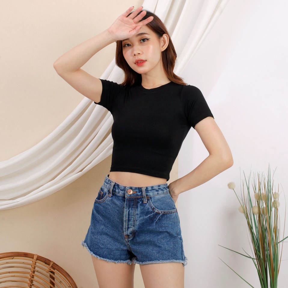 CAVALU Kaos Crop Top Basic Tee Kaos Atasan Wanita Korean Style Baju Korea 025