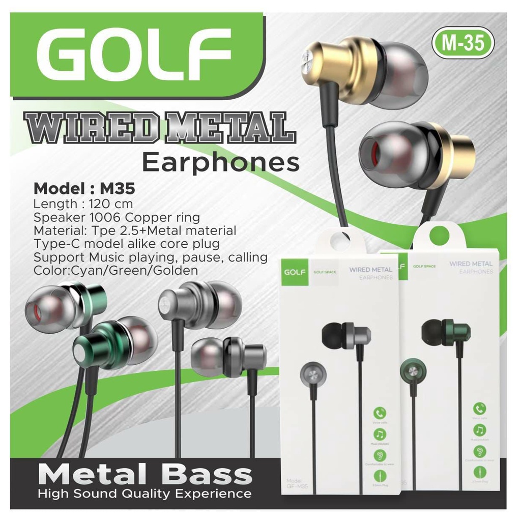 HANDSFREE GOLF PRO GF-M35 / EARPHONE / HEADSET Metal SuperBass Earphone sultan