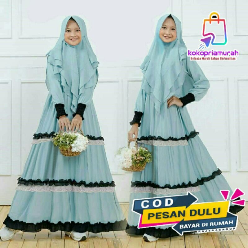 Gamis lebaran Anak perempuan 2021/gamis anak umur 8-12 tahun/gamis Meca Syar'i kids warna blue