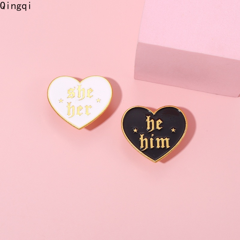 Bros Pin Enamel Bentuk Hati Tulisan HE HIM SHE HER THEY THEM Untuk Hadiah Teman