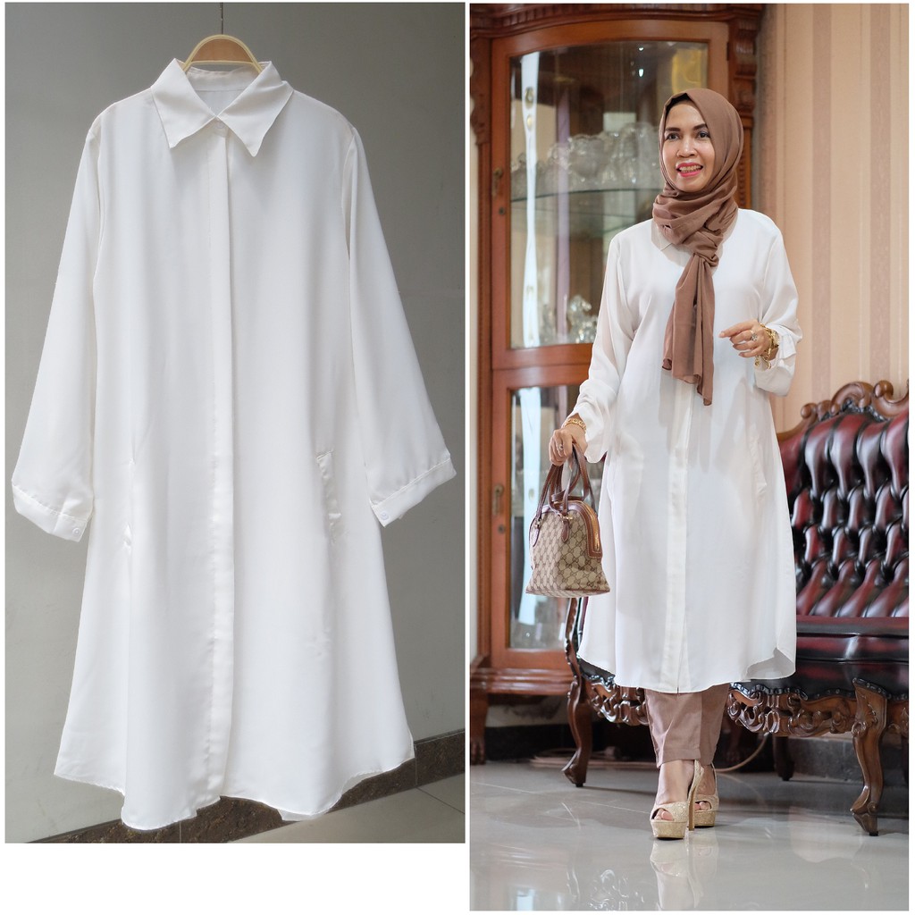 KT1-1913 longtunik kemeja putih - allsize fit to BIG L - LD 102cm P 105cm - matt highsofie - 125rb