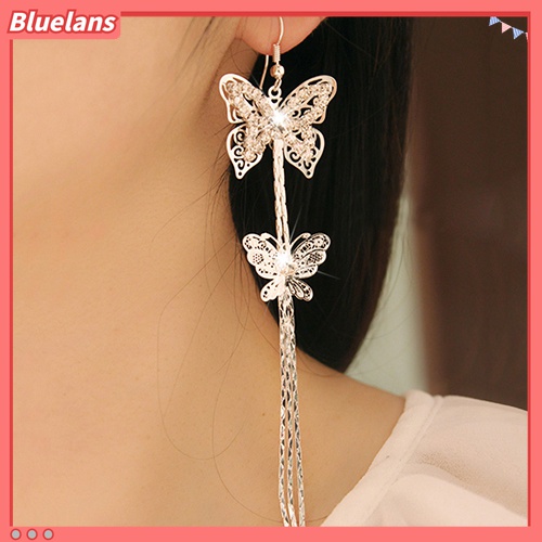 Anting Kait Rumbai Panjang Double Layer Bentuk Kupu-Kupu Aksen Berlian Imitasi Untuk Wanita