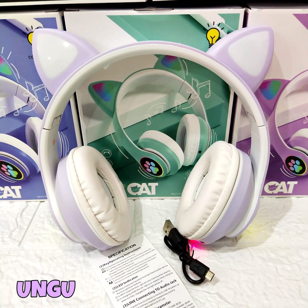 HeadPhone / Headset Kucing - Wireless JST28 Telinga Kucing Lampu