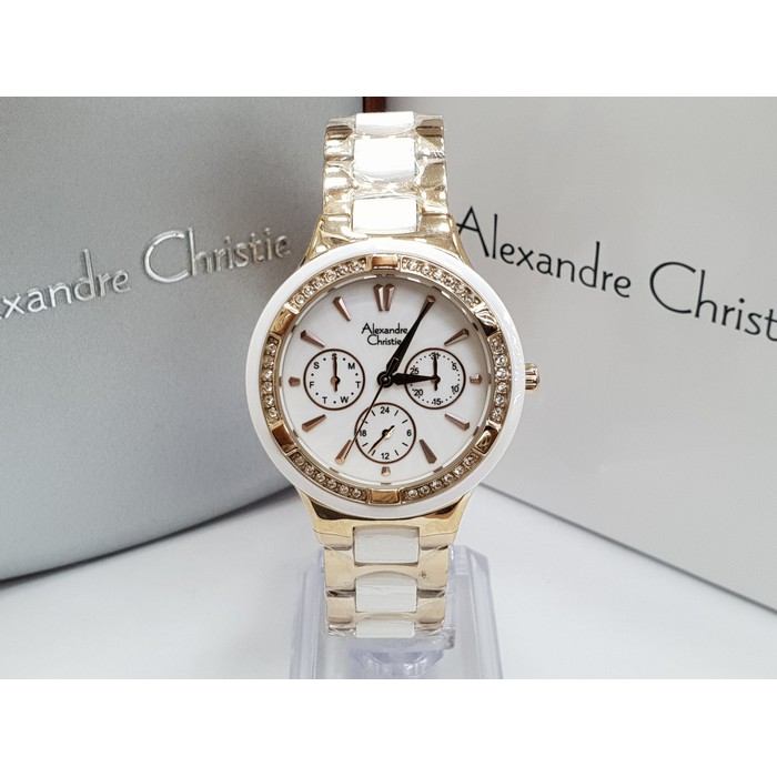 Jam Tangan Wanita Alexandre Christie AC 2299 Gold White Original