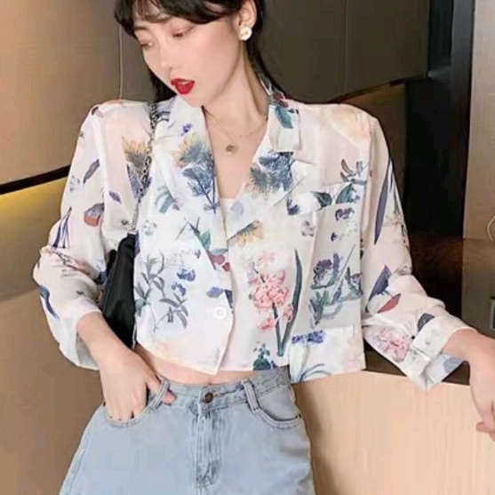 22110 Baju outwear outer Blazer cropped crop crop krop top motif bunga Korean floral Korean style ce