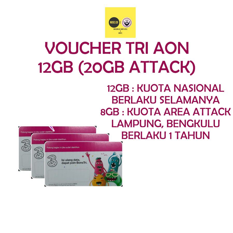 VOUCHER TRI / THREE / 3 VAON12GB KUOTA DATA AON 12GB NASIONAL (20GB ATTACK)