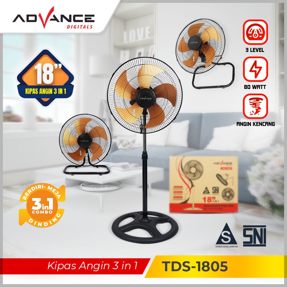 Advance Kipas Angin 3in1 Stand/Desk/Wall TDS-1805 Garansi Resmi Advance 1 Tahun Kipas Tornado