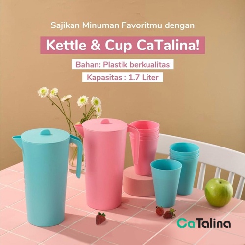 Teko Kettle Plastik Set dengan 4 Gelas Pink Biru