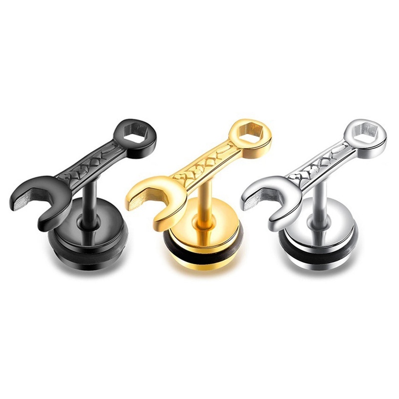 Anting Bentuk Kunci Pas Kecil Bahan Stainless Steel Gaya Punk Untuk Pria Dan Wanita