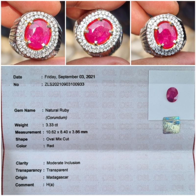 Natural Red Ruby Madagaskar Heat A Sertifikat 3.33 crt