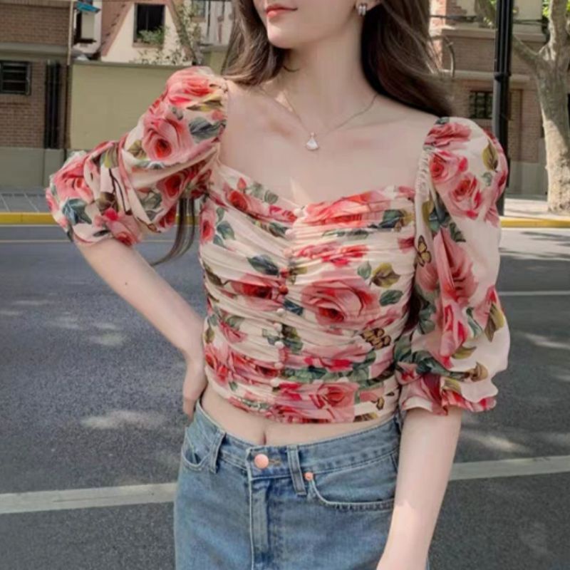 MDLV ~ 6692 Rosamund Ruched Top Crop Top Flower Korea Look Fashion import