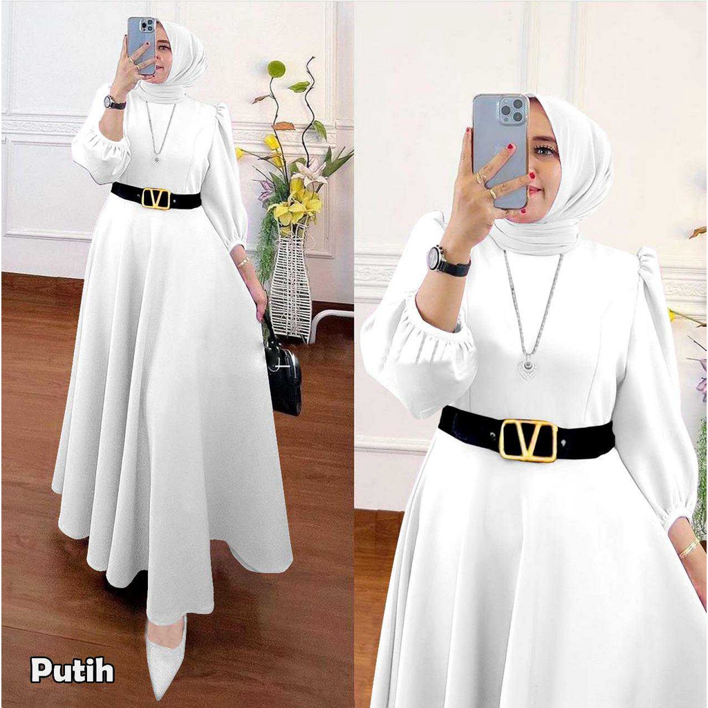 HOPYLOVY Gamis Wanita Maxi Dress Safira Bahan Scuba Premium FREE Belt V