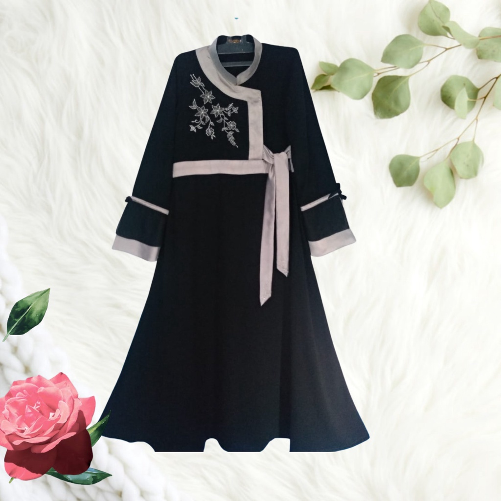 Jubah Akhwat Tali samping Pinggang Motif Bunga By Qonita Collection