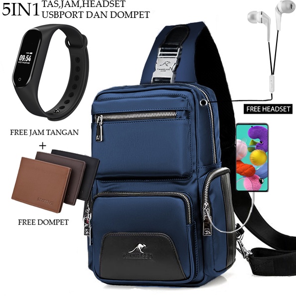 TANMESO 5IN1 BAYAR DITEMPAT- JAM LED -HEADSET- DOMPET -USBPORT -BAHAN GLOOSY PREMIUM BUKAN KANVAS ATAU PARASUT-TAS WATERPROOF-TAS SELEMPANG PRIA-SLING BAG PRIA