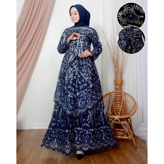 Gamis Tile Bordir|Gamis Tile Runcing|Gamis Tingkat Tile|Gamis Pesta Jumbo|Gamis Kondangan Mewah|Gamis Kebaya Brukat Modern|Gamis Pesta Mewah|Gamis Tingkat Busui|Gamis Bordir Mewah|Gamis Brukat Mewah|-Navy