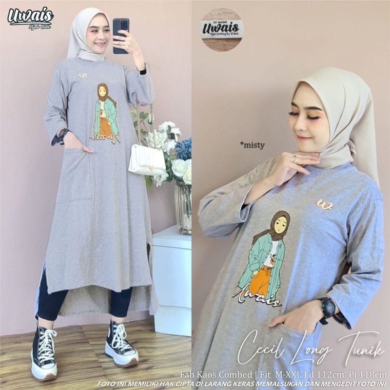 Cecil Long Tunik Jumbo Baju Kaos Wanita Outfit Wanita Kekinian Baju Lengan Panjang Wanita Korean Style