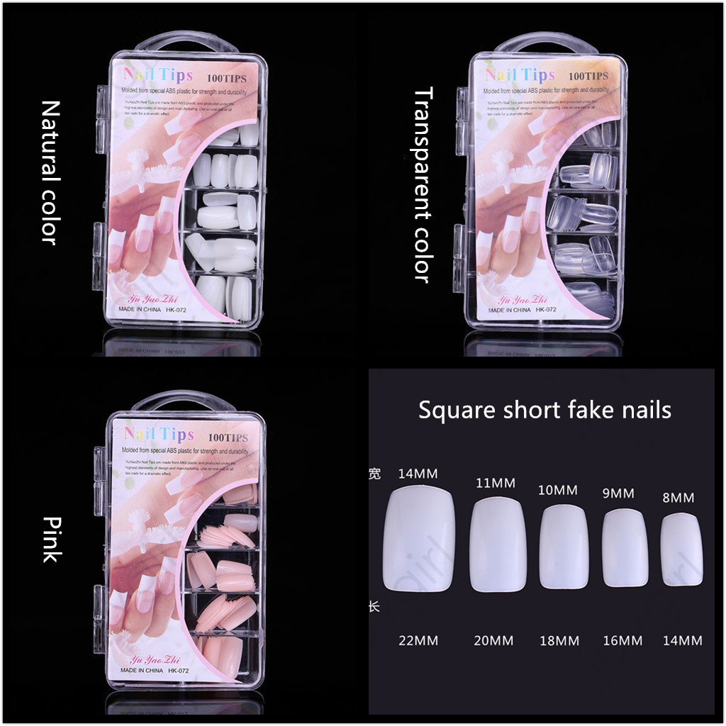 100 Pieces Fingernail Special Fake Nail Short Square Hard Box Pack Transparent / Pink / Natural Color