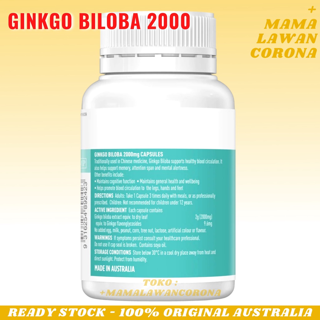 Healthy Care Ginkgo Biloba 2000mg 100 Capsules Softgel Capsule Gingko Ginko Kapsul / Swisse Ultiboost Memory + Focus 50 Tablets with Brahmi Brain Health Function Vitamin Kesehatan Otak Fokus / Nature's Way 2000 mg 120 Tablet Natures