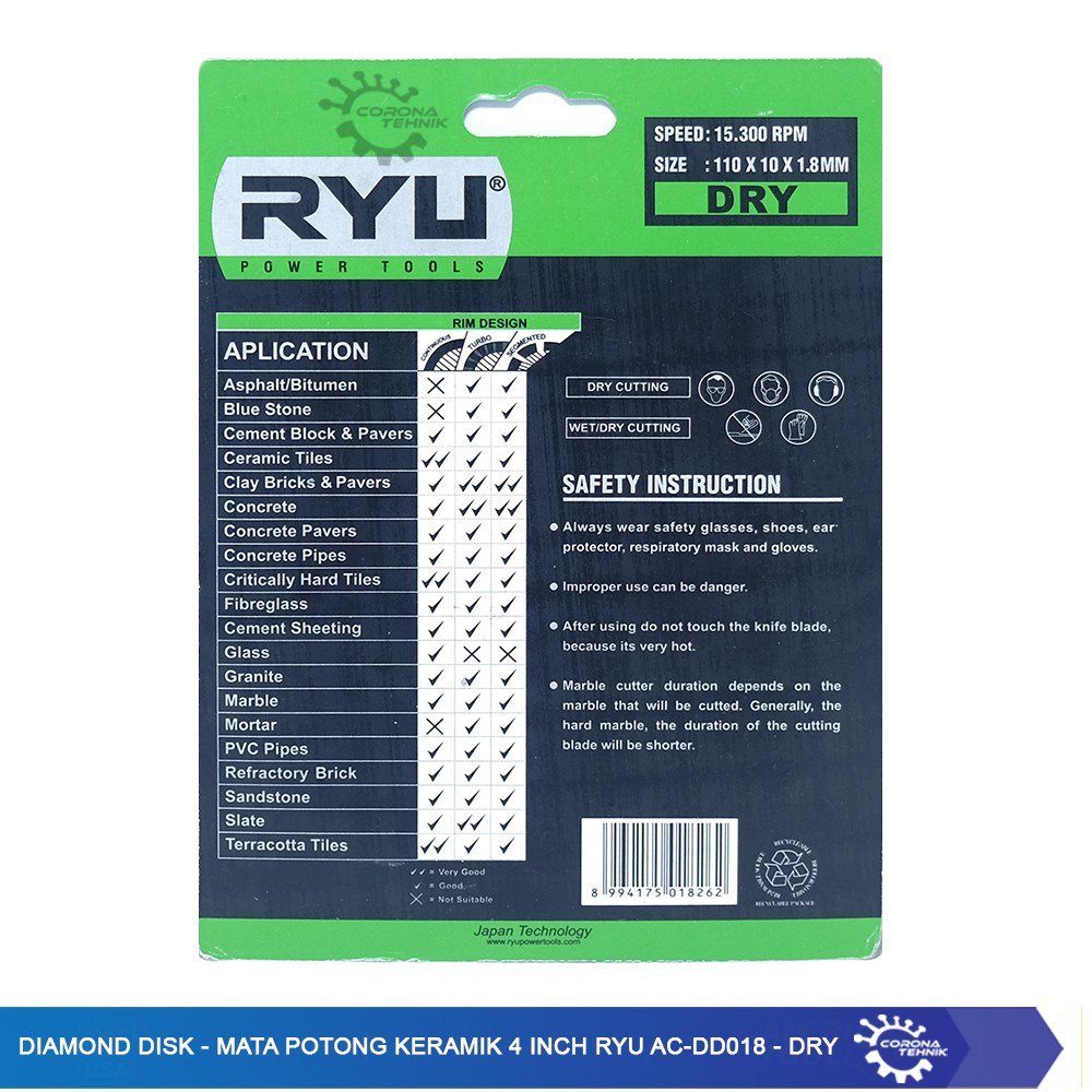 RYU AC-DD018 - DRY - Diamond Disk - Mata Potong Keramik 4 inch