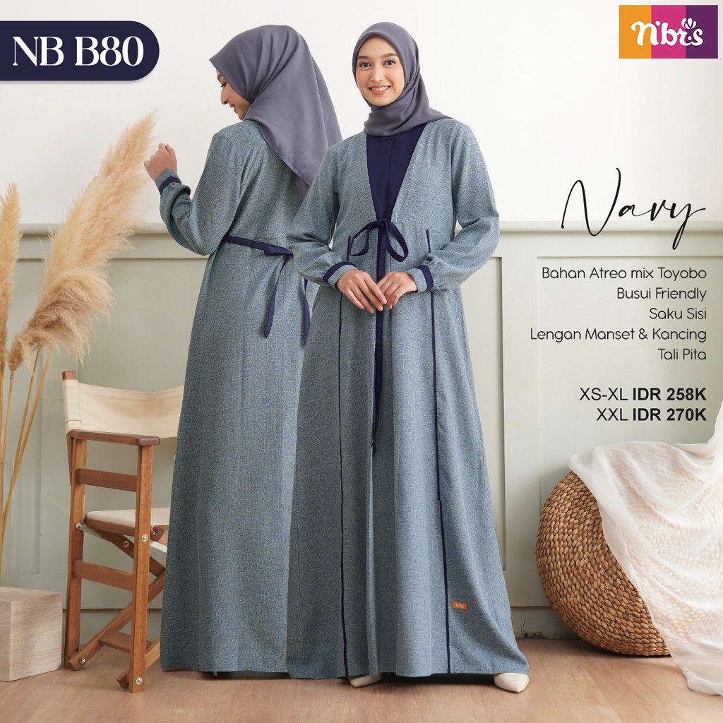 Nibras NB B80 Baju Gamis Wanita Dewasa Bahan Atreo Mix Toyobo Busui Friendly Warna Black, Navy Dan Maroon/Dress Simpel Dan Elegan.