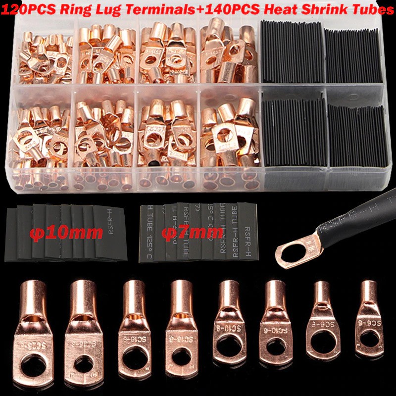 BISA COD Copper Ring Terminal Wire Crimp Connector Kit 120 PCS with Heat Shrinkable Tube 140 PCS