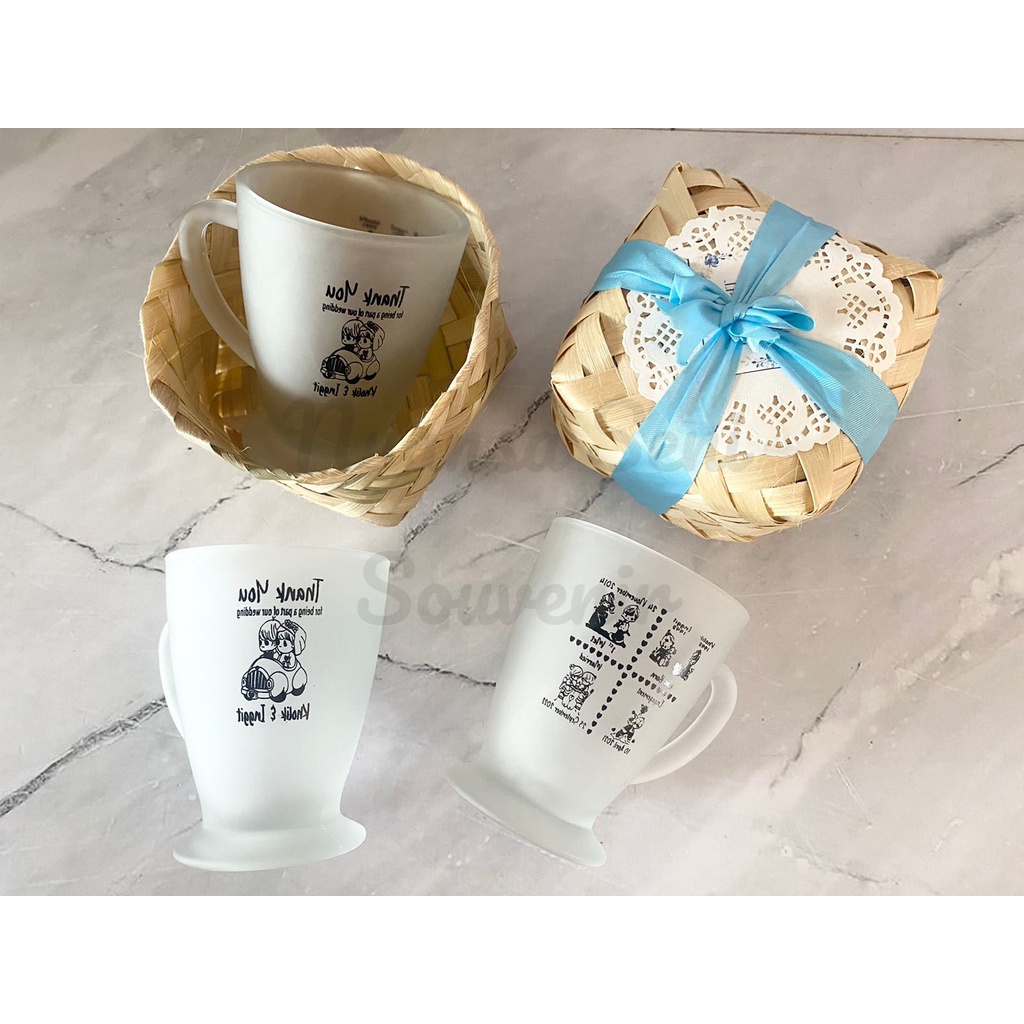 Souvenir Gelas Minum Motif Piala Cup Gagang Teh Kaca Cangkir Kopi Tumbler Mug Beling Doff Sablon