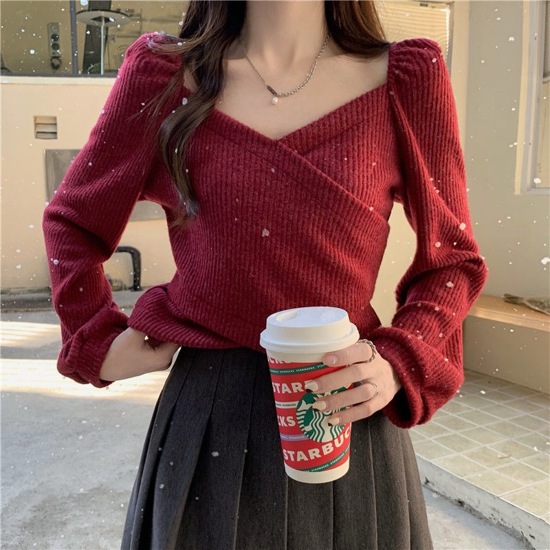 Suhao American Tops Square Neck Knit Wanita Sweater Merah Pendek Rasa Prancis Atasan Lengan Puff