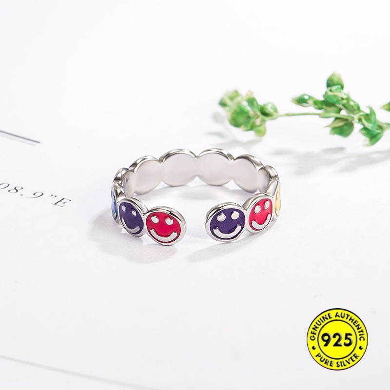 Cincin S925 Silver Model Terbuka Dapat Disesuaikan Motif Smiley Warna Pelangi Untuk Wanita